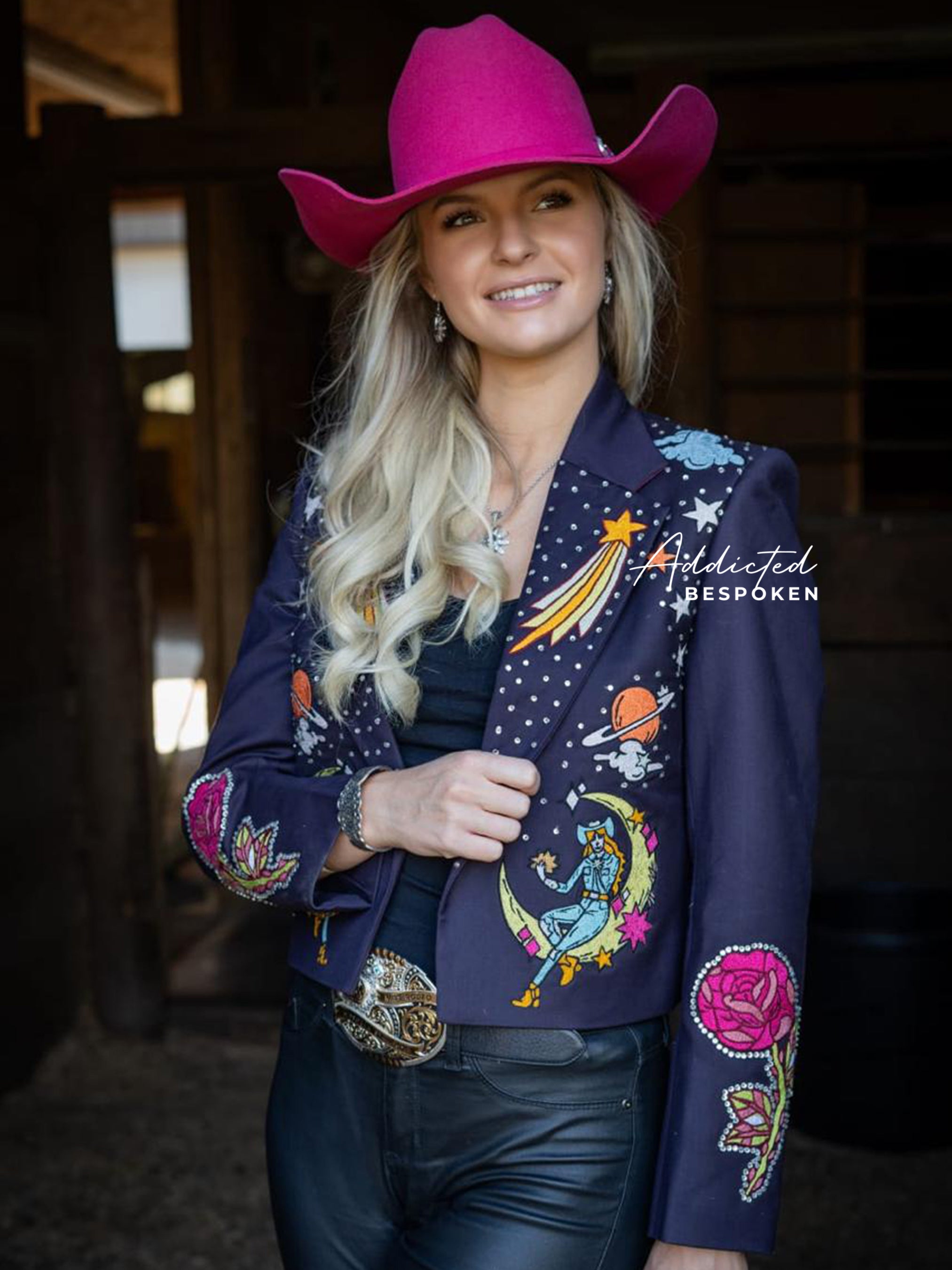 Cowgirl Space Embroidered Blazer Addicted Bespoken Customized Cotton Peach