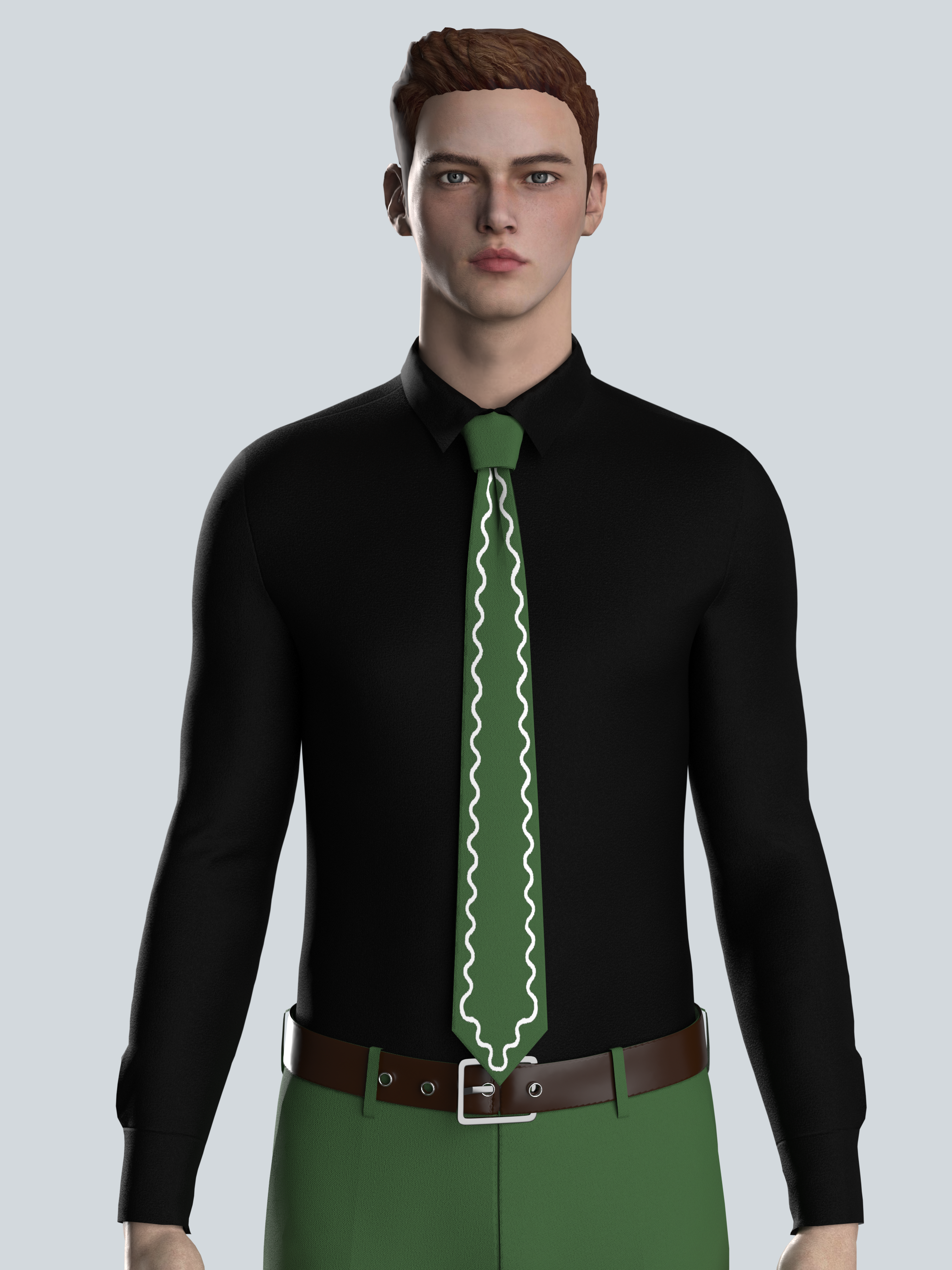 Classic Green Tie with Elegant White Wave Embroidery