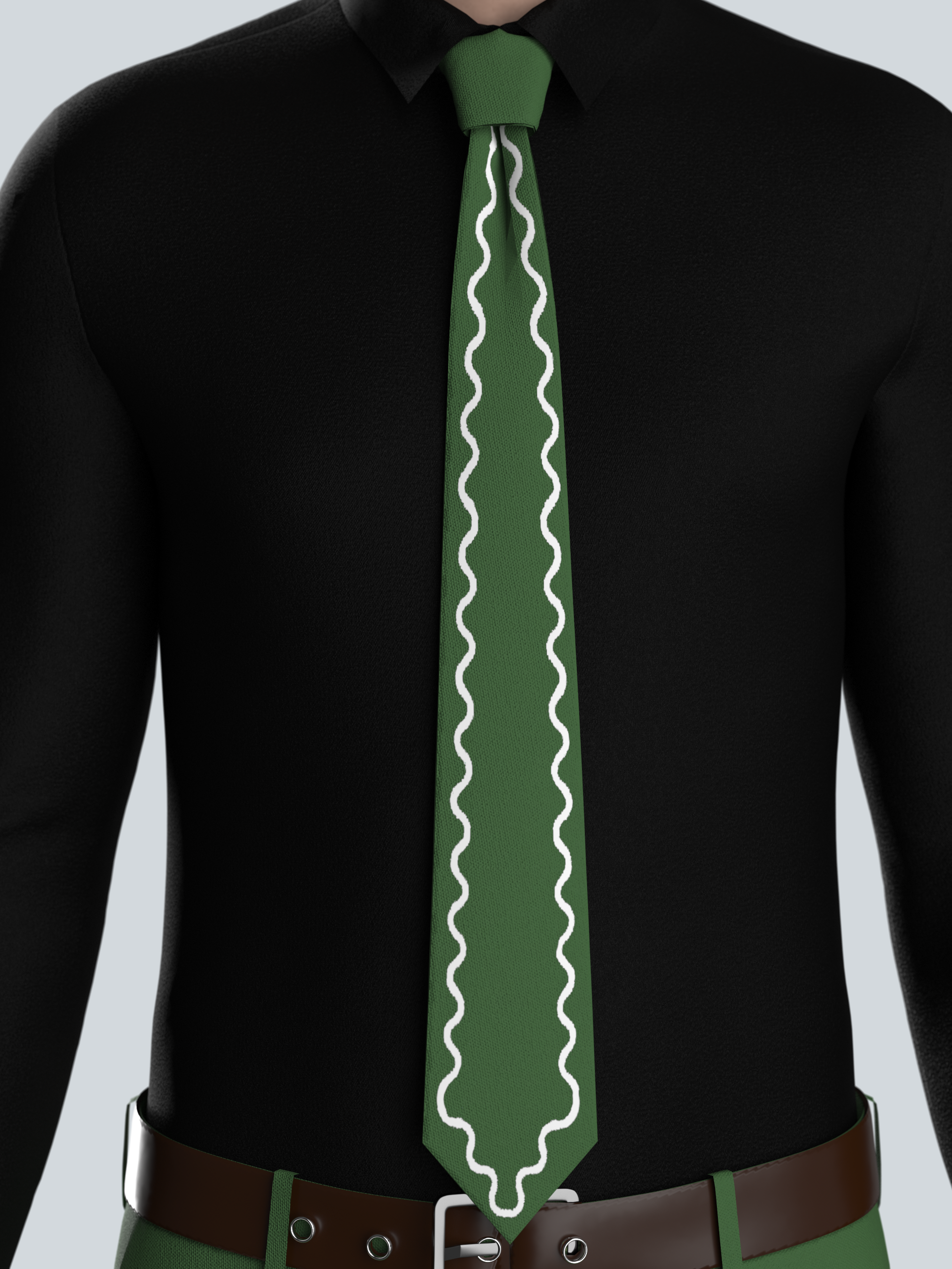 Classic Green Tie with Elegant White Wave Embroidery