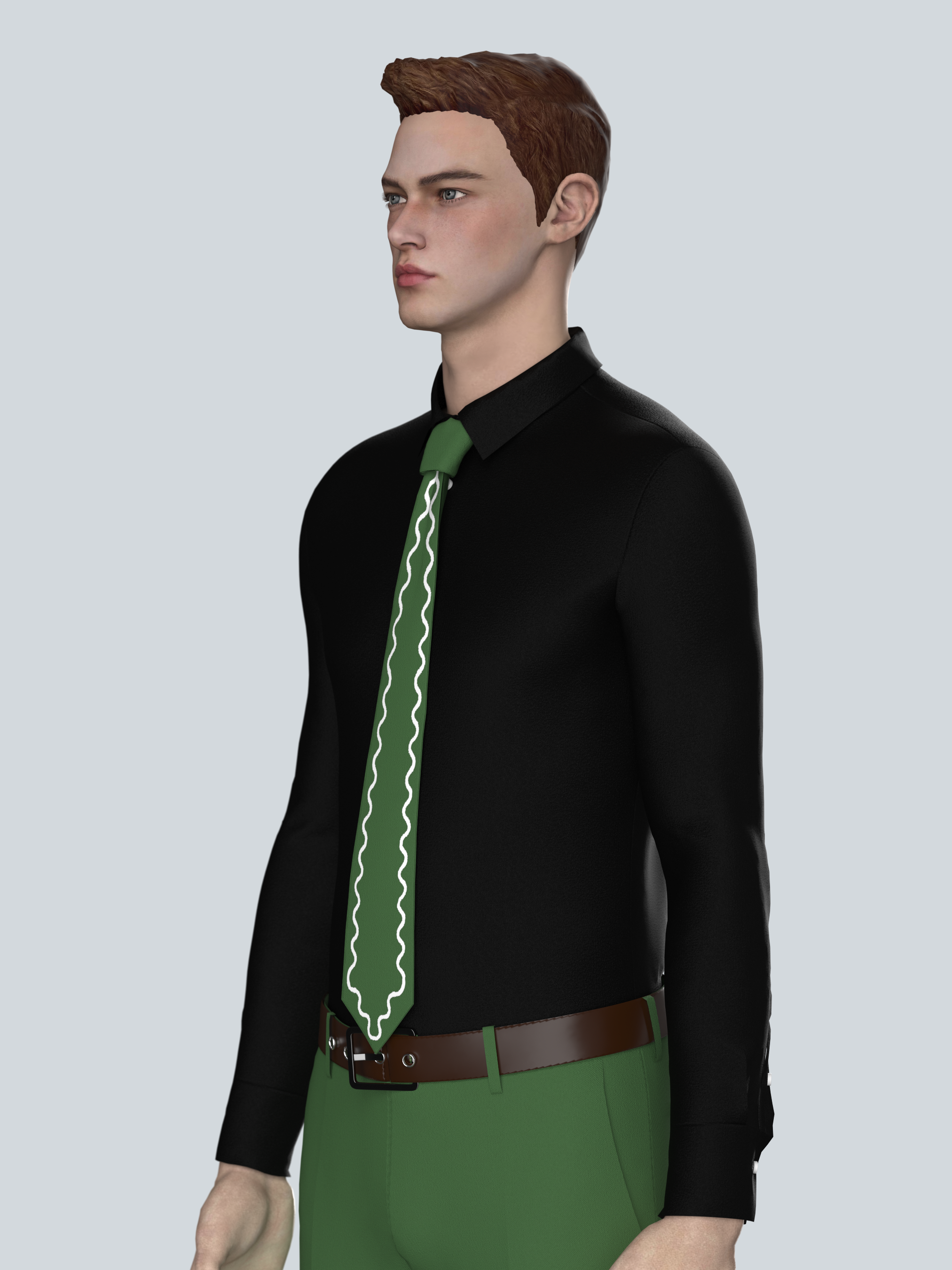 Classic Green Tie with Elegant White Wave Embroidery