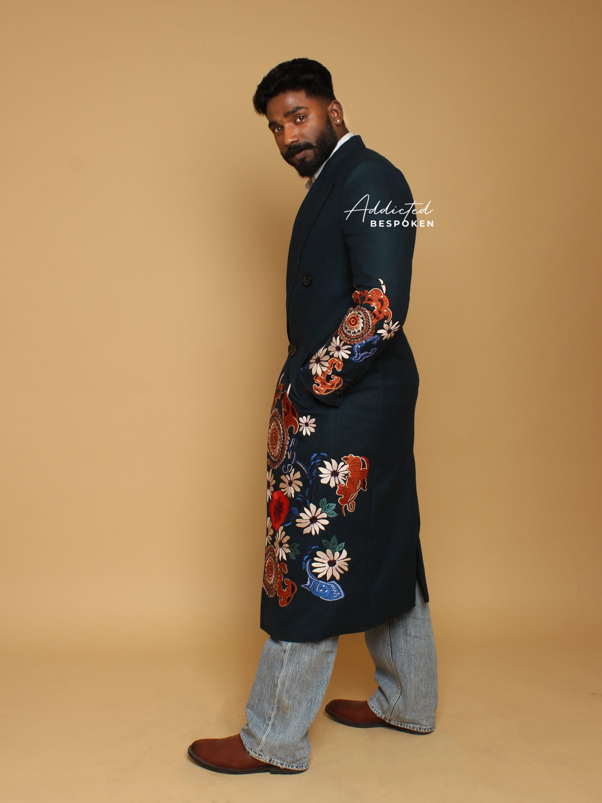 Navy Blue Embroidered Long Coat