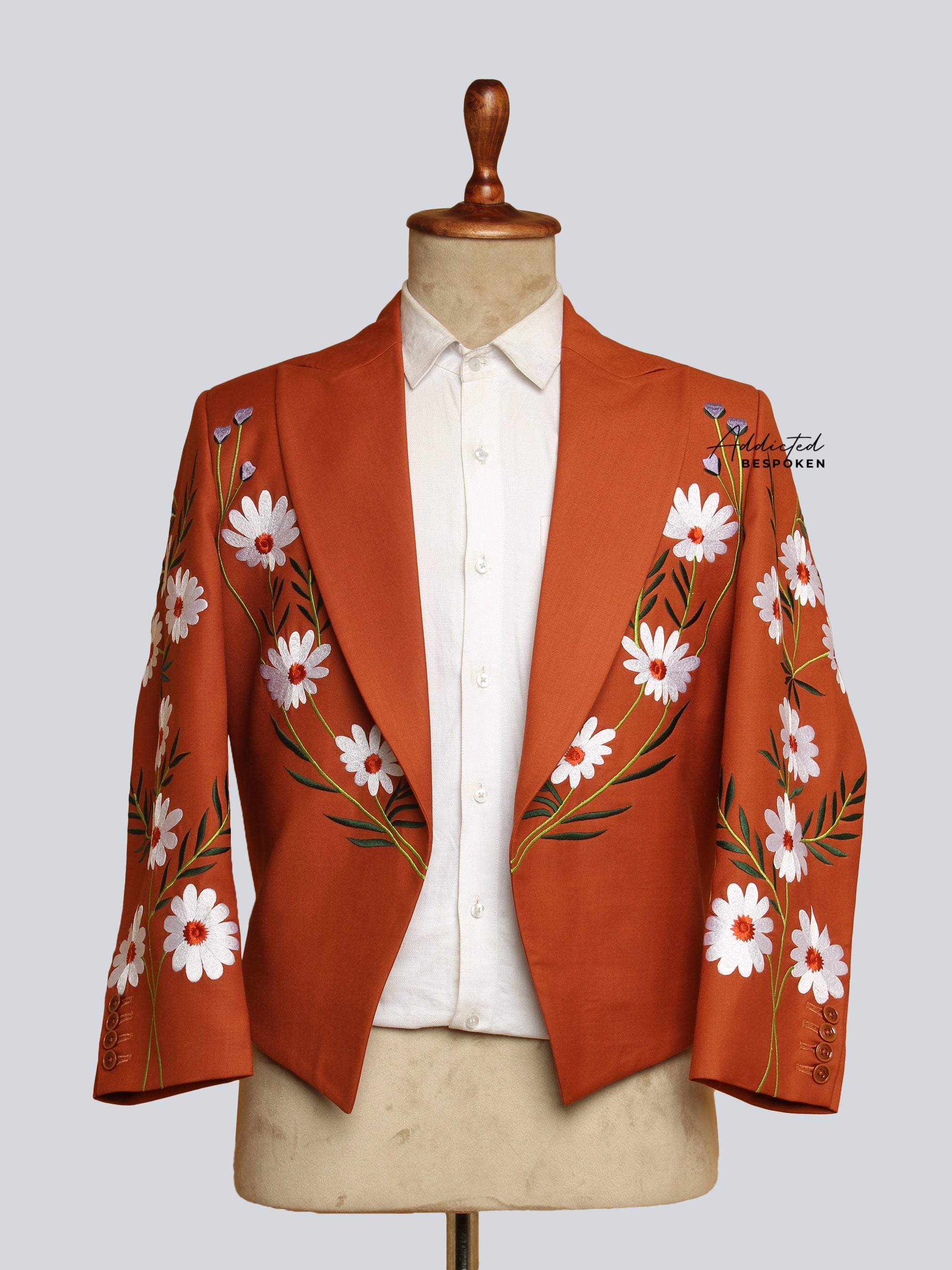 Orange Cotton Floral Embroidered Suit