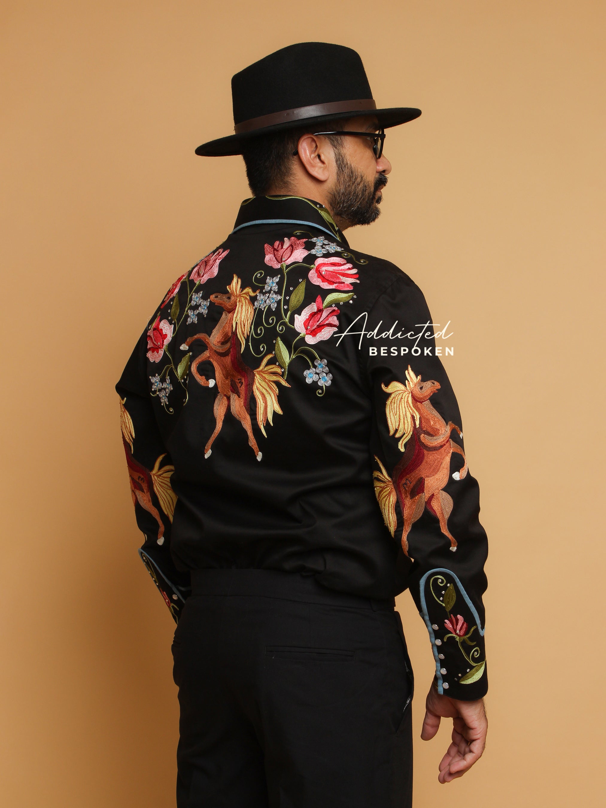 Floral and Horse Design Embroidered Shirt