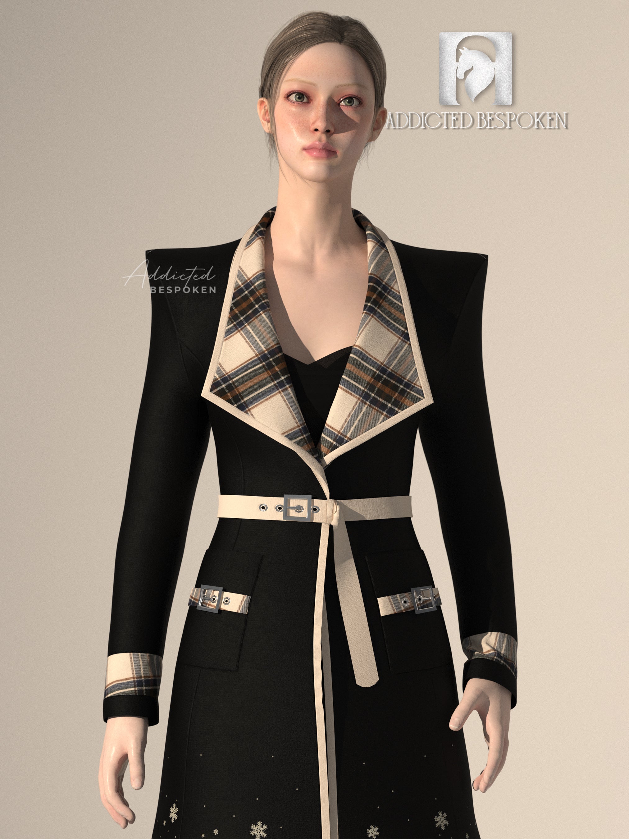 Classic Black Coat with Beige Check Collar & Embroidered Hem