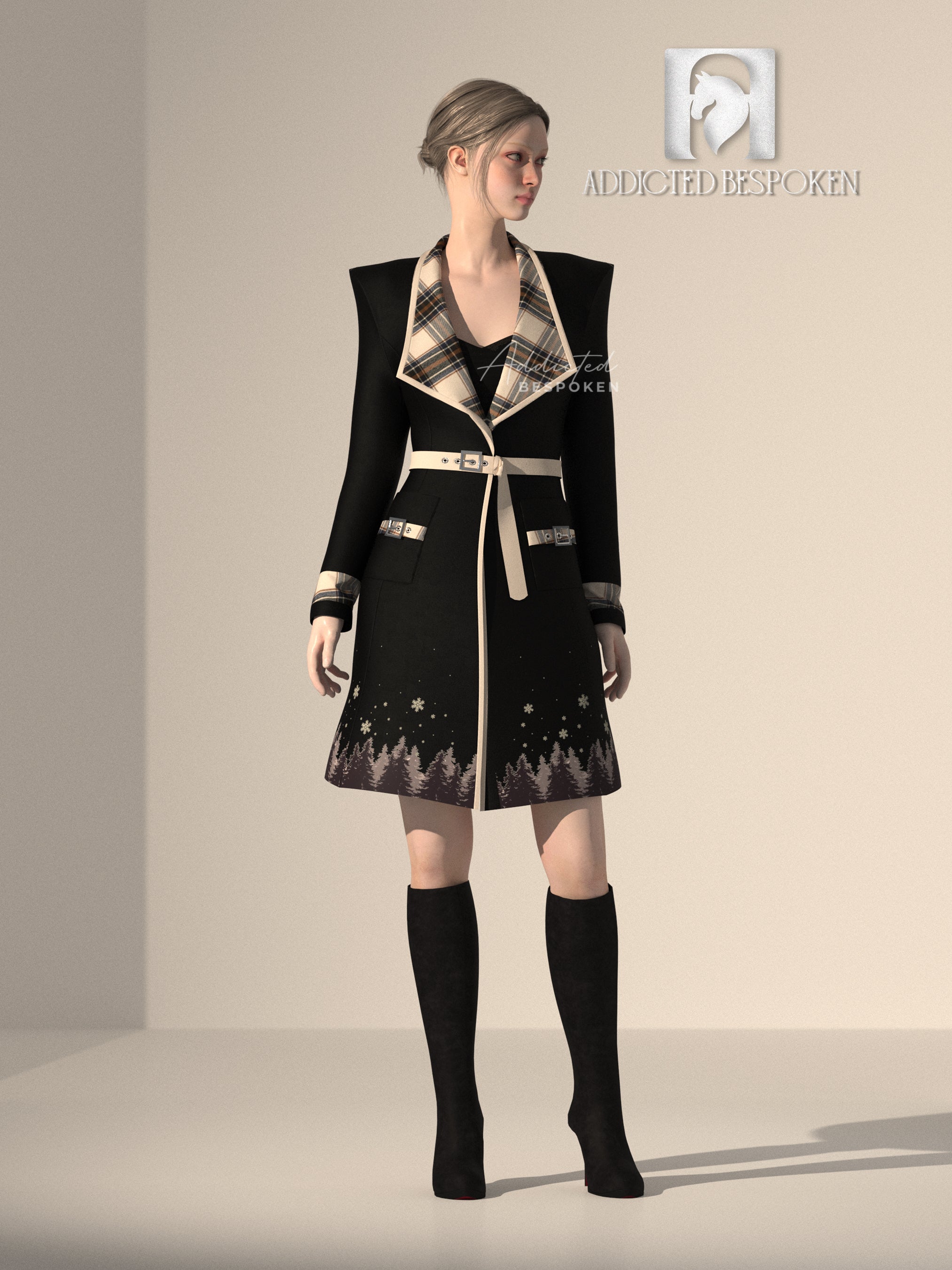 Classic Black Coat with Beige Check Collar & Embroidered Hem