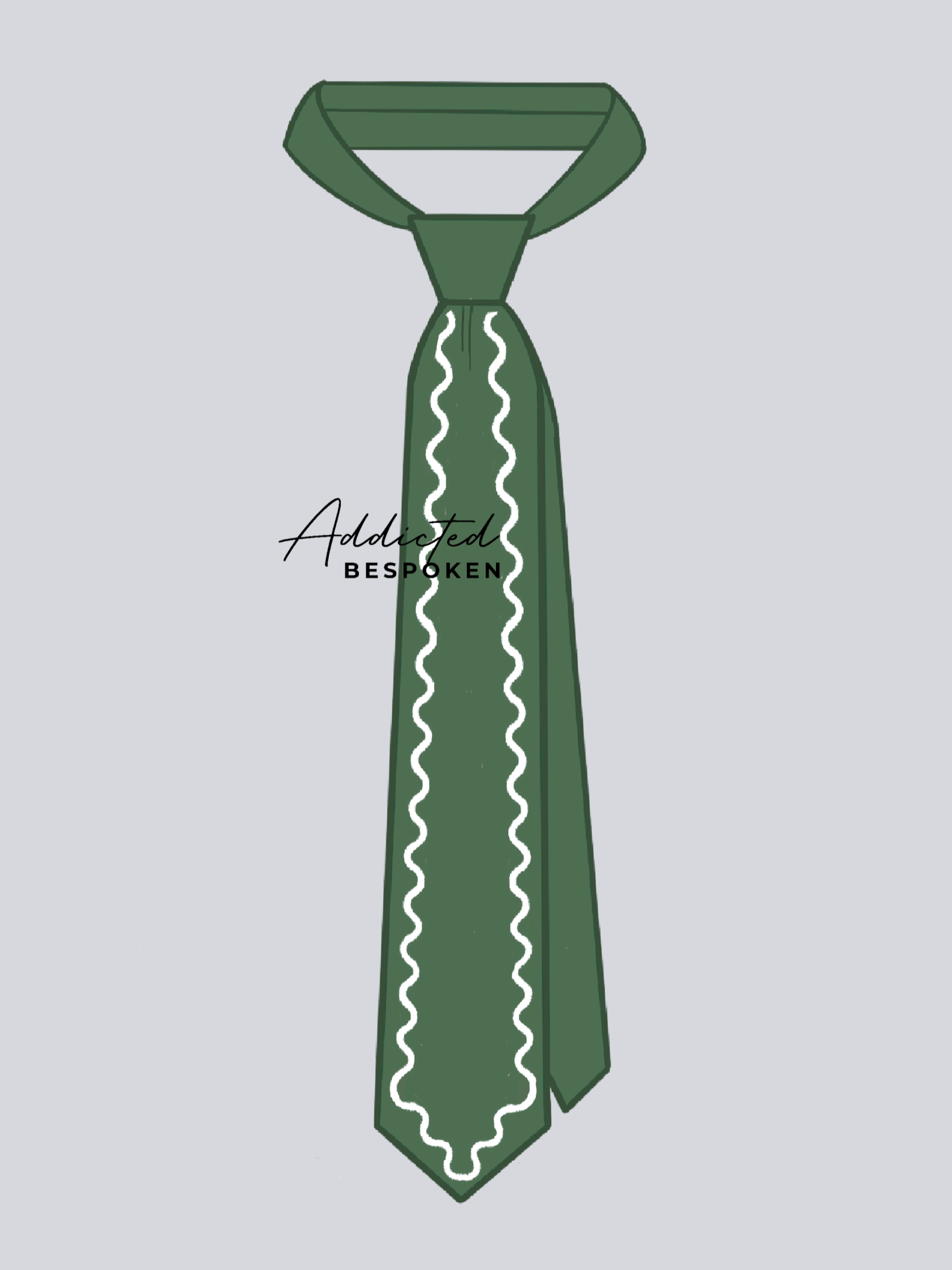 Classic Green Tie with Elegant White Wave Embroidery