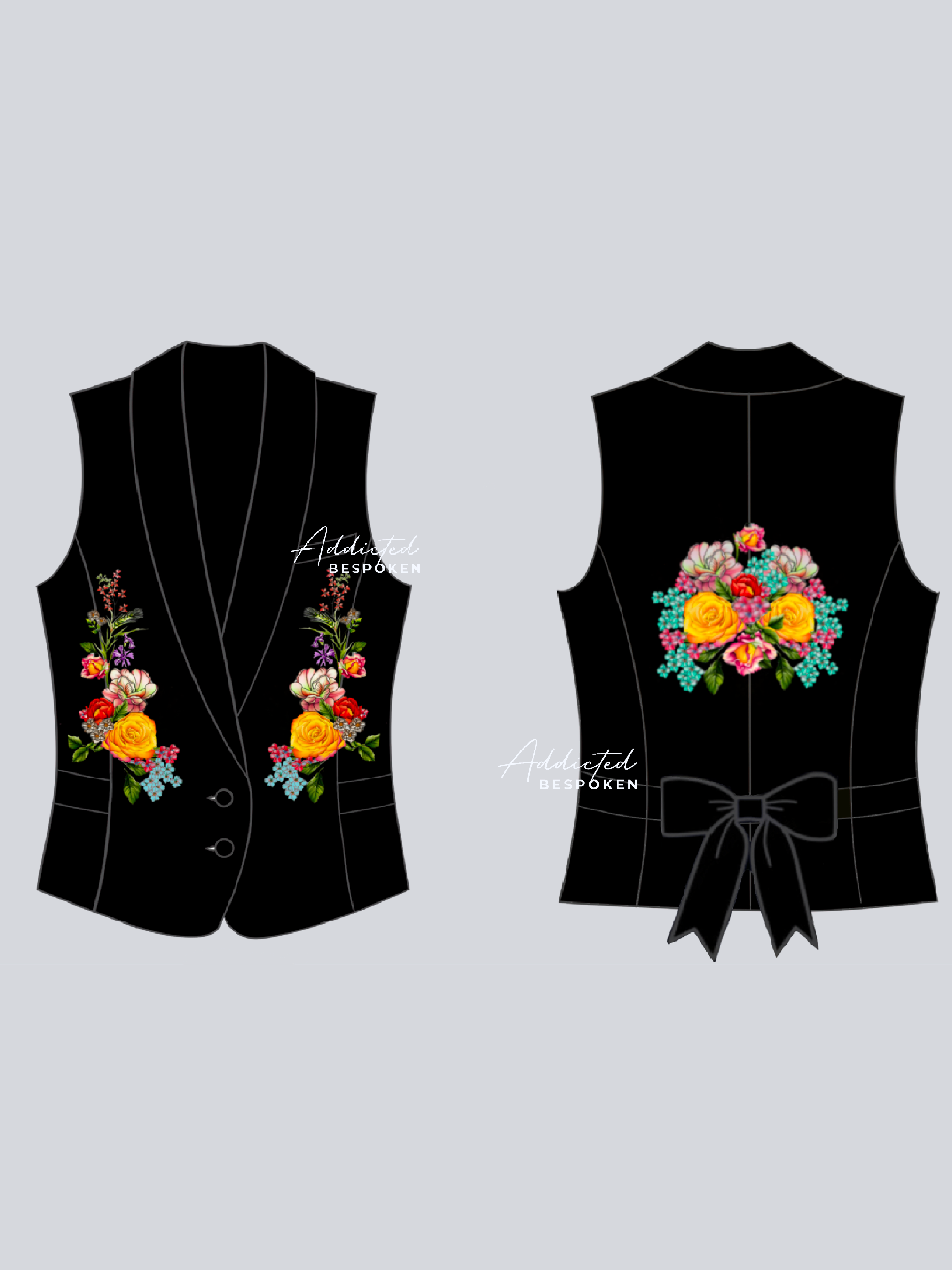 Floral Embroidered Black Vest with Bow Detail