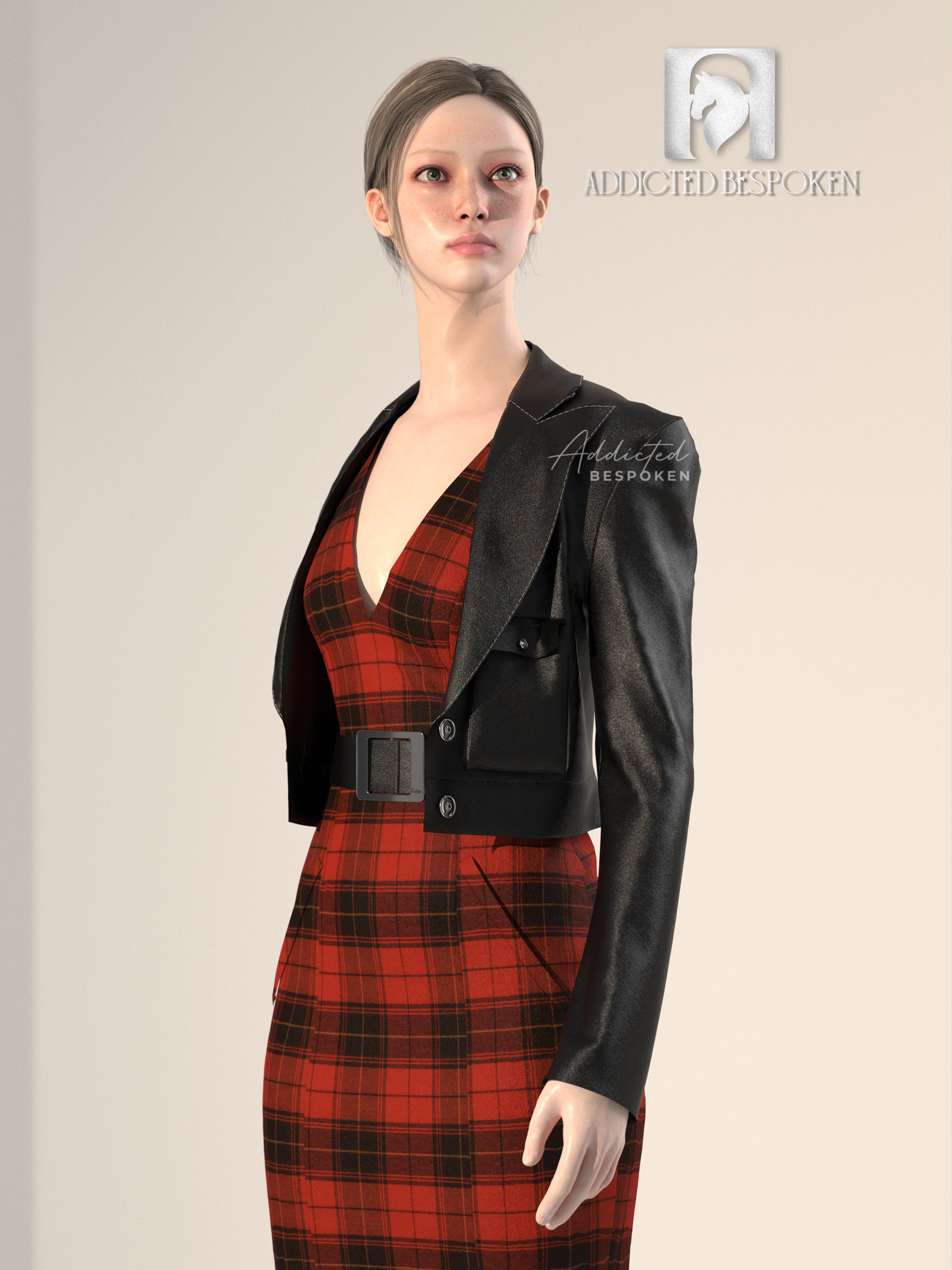 Red Plaid Dress with Black Leather Jacket