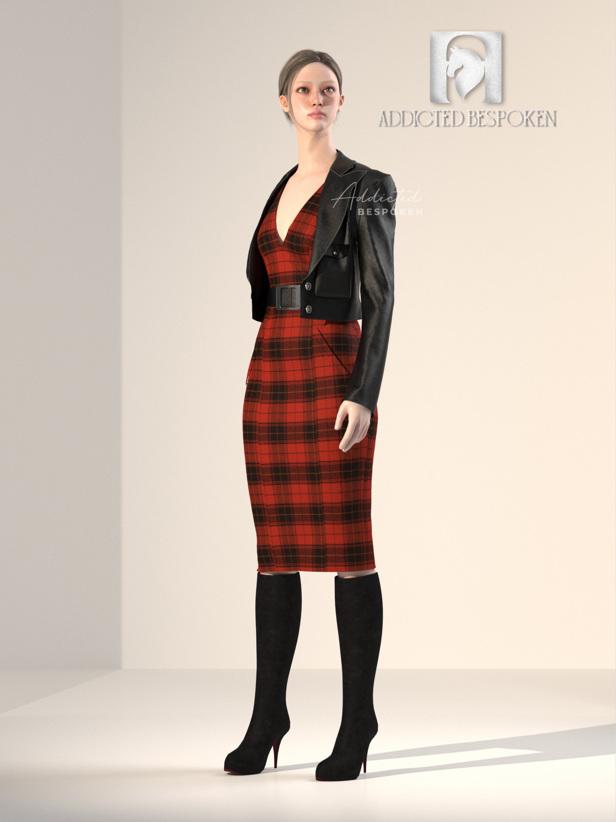 Red Plaid Dress with Black Leather Jacket