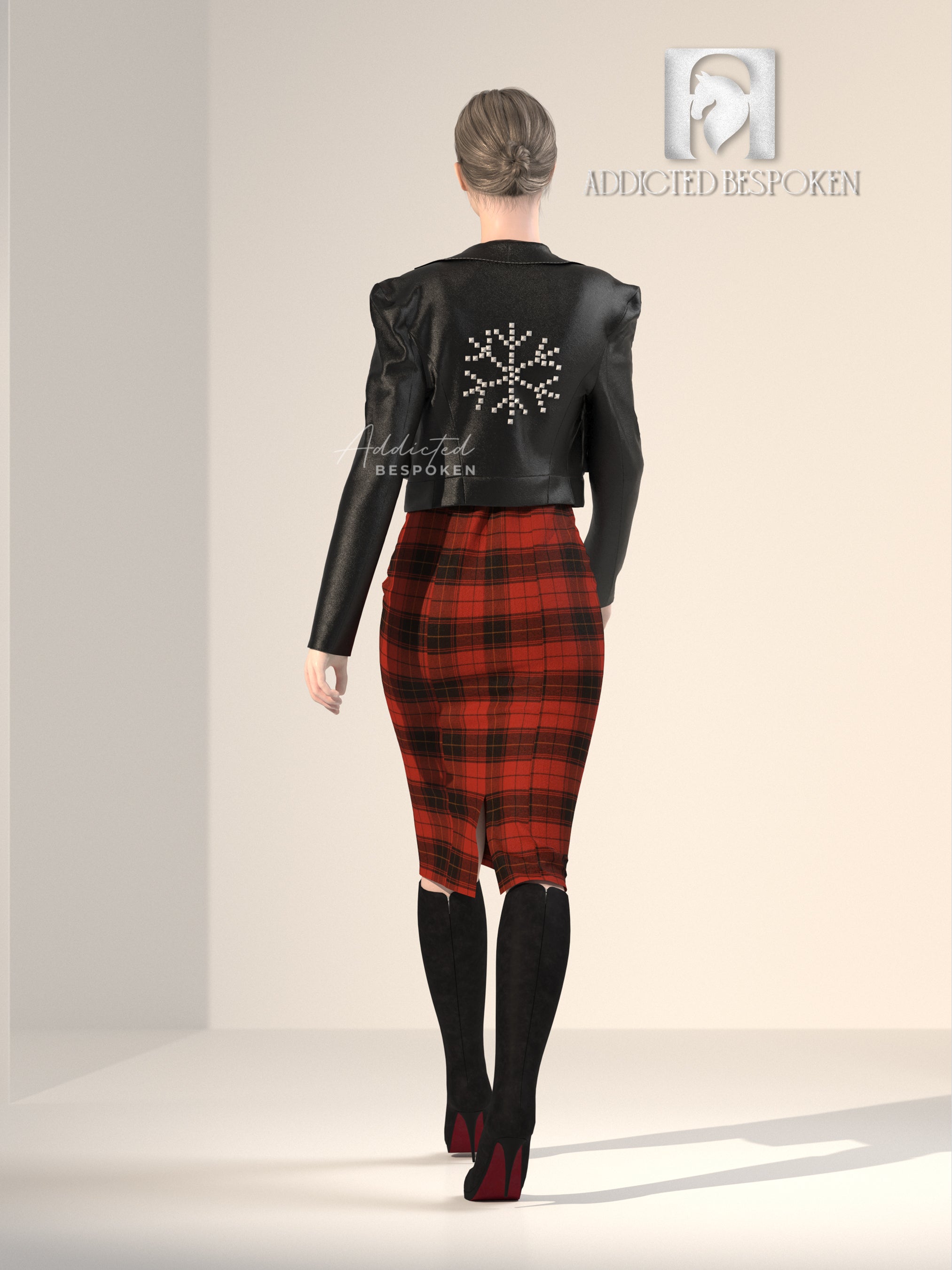 Red Plaid Dress with Black Leather Jacket