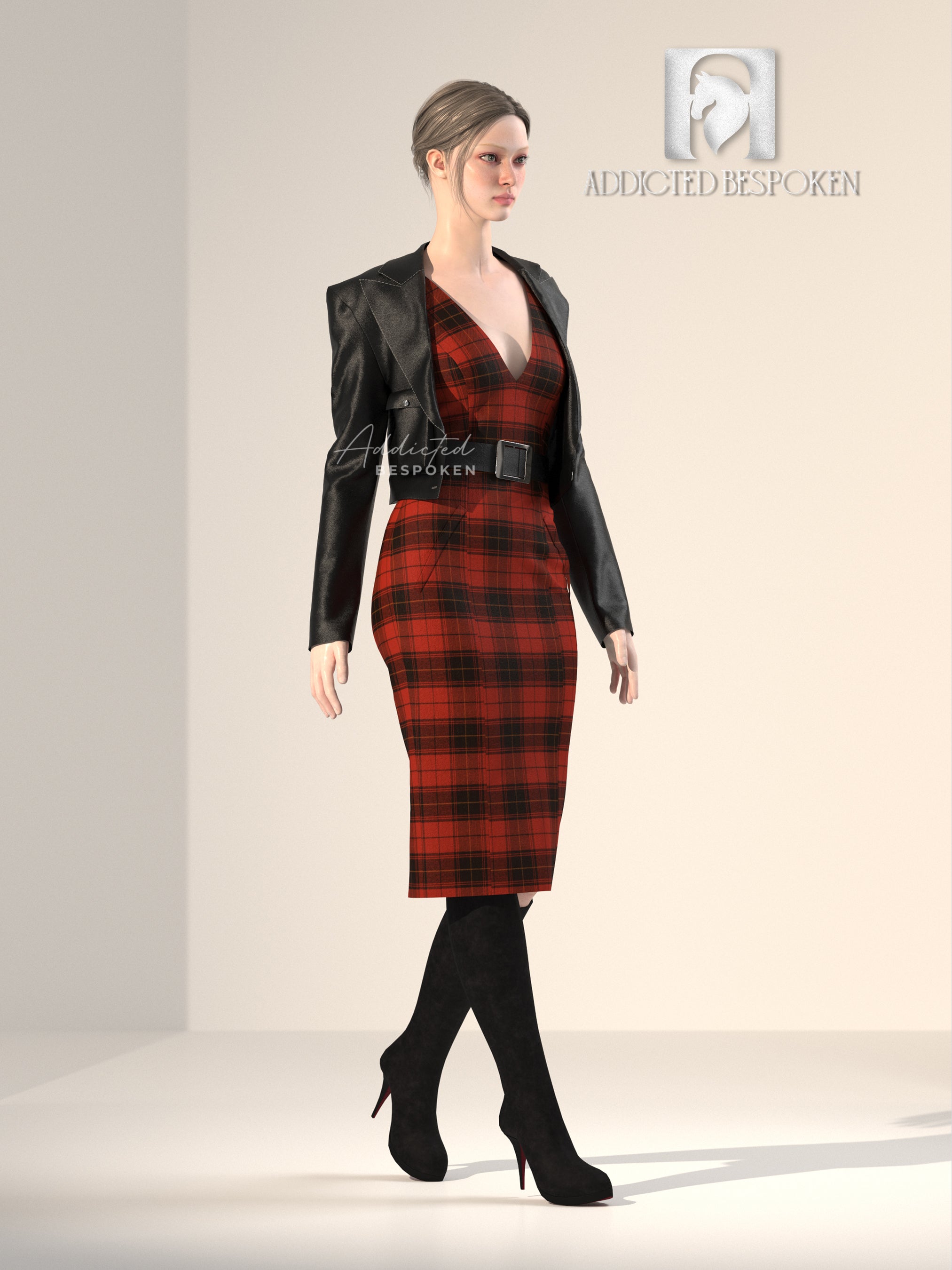 Red Plaid Dress with Black Leather Jacket