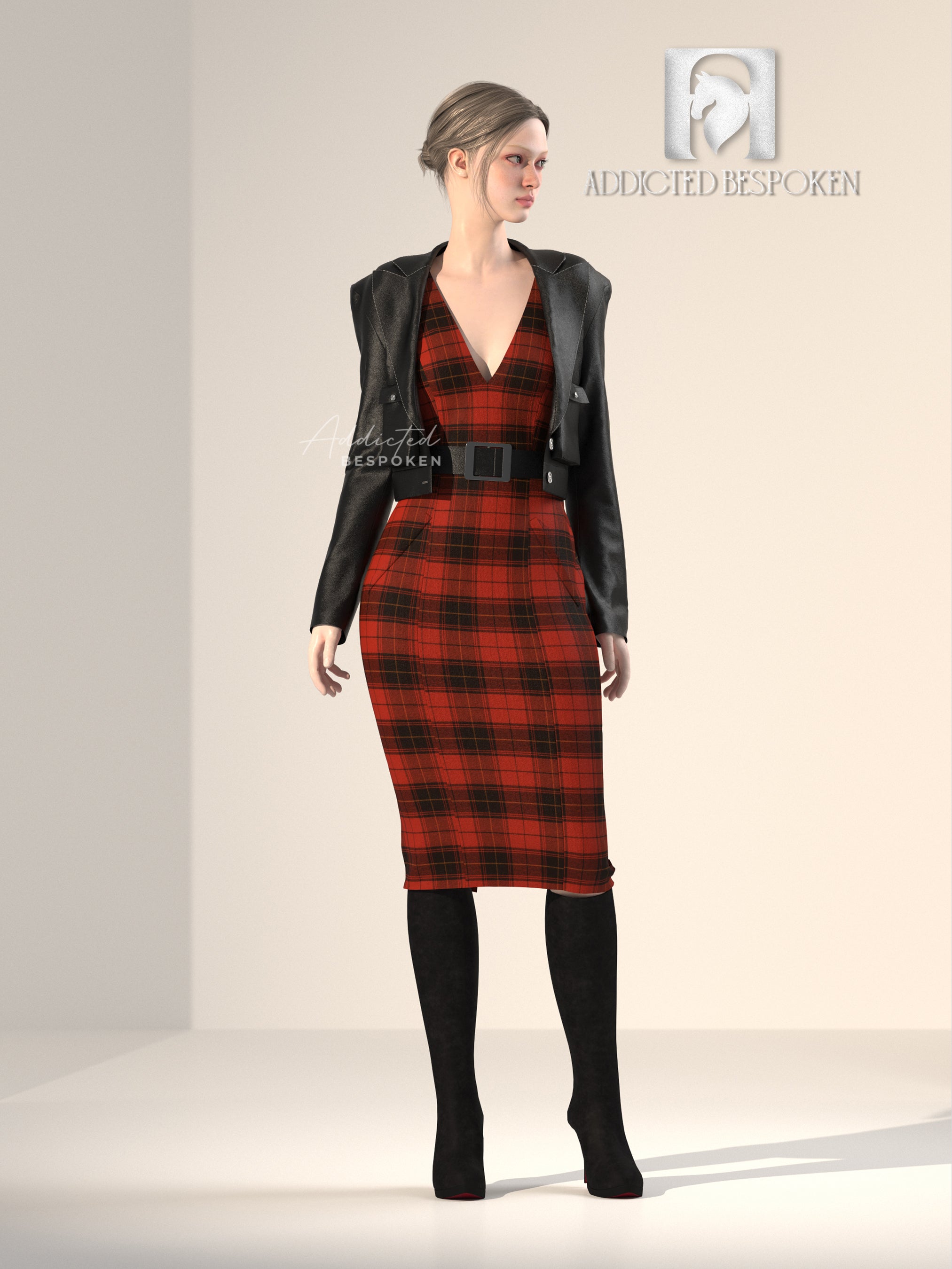 Red Plaid Dress with Black Leather Jacket