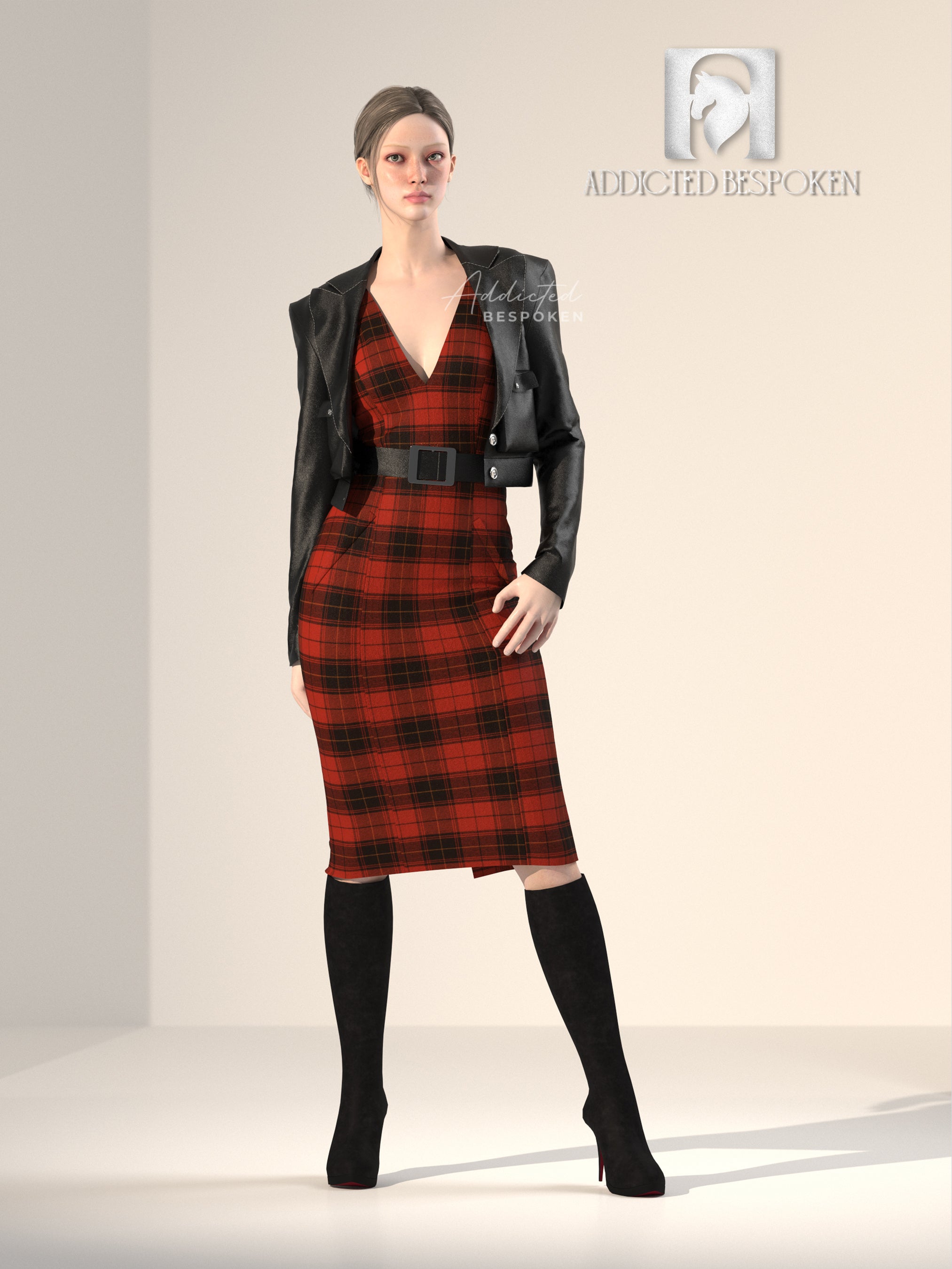 Red Plaid Dress with Black Leather Jacket