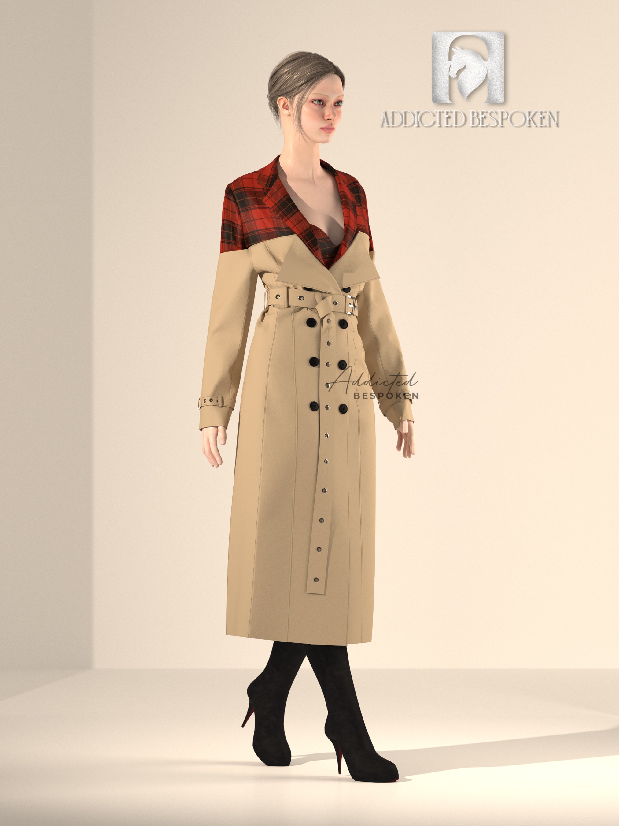 Red-Beige Overcoat with Belted Double-Breasted Closure