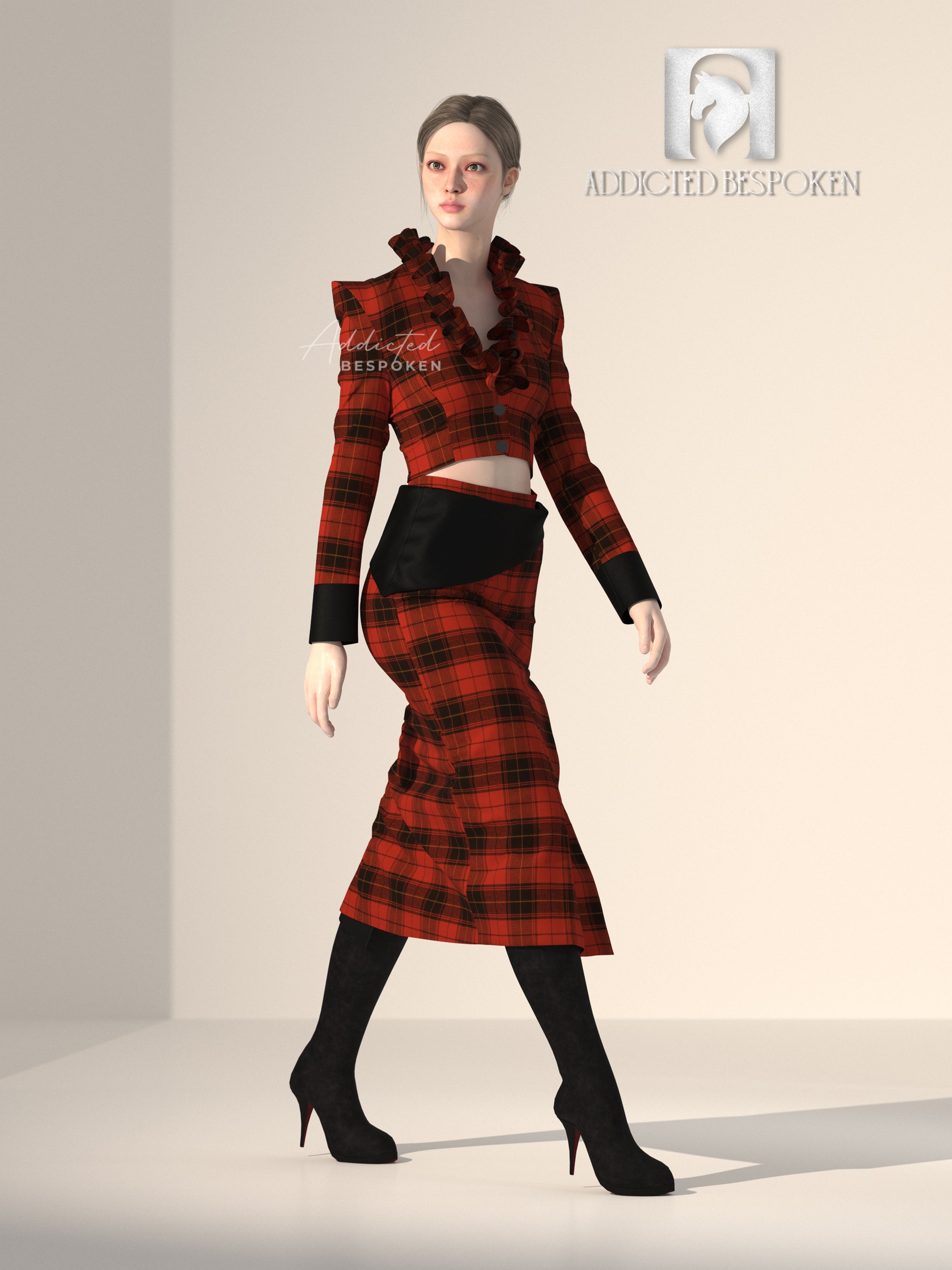 Plaid Side Slit Skirt with Stylish Cropped Jacket