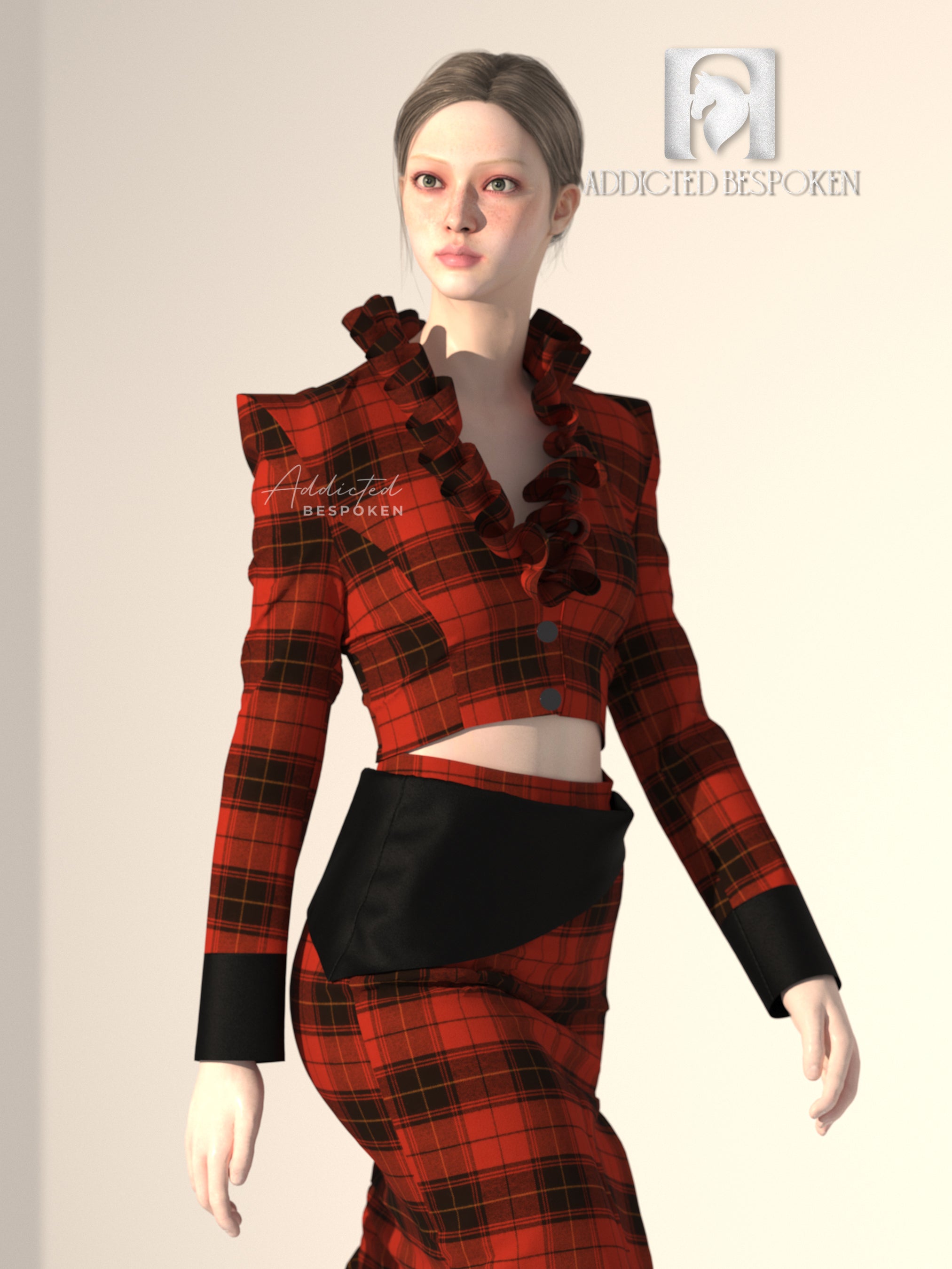 Plaid Side Slit Skirt with Stylish Cropped Jacket