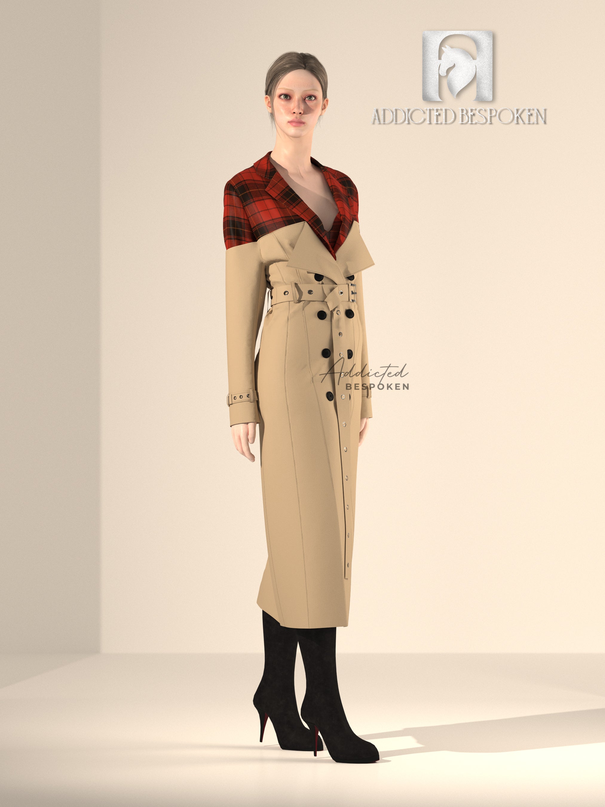 Red-Beige Overcoat with Belted Double-Breasted Closure