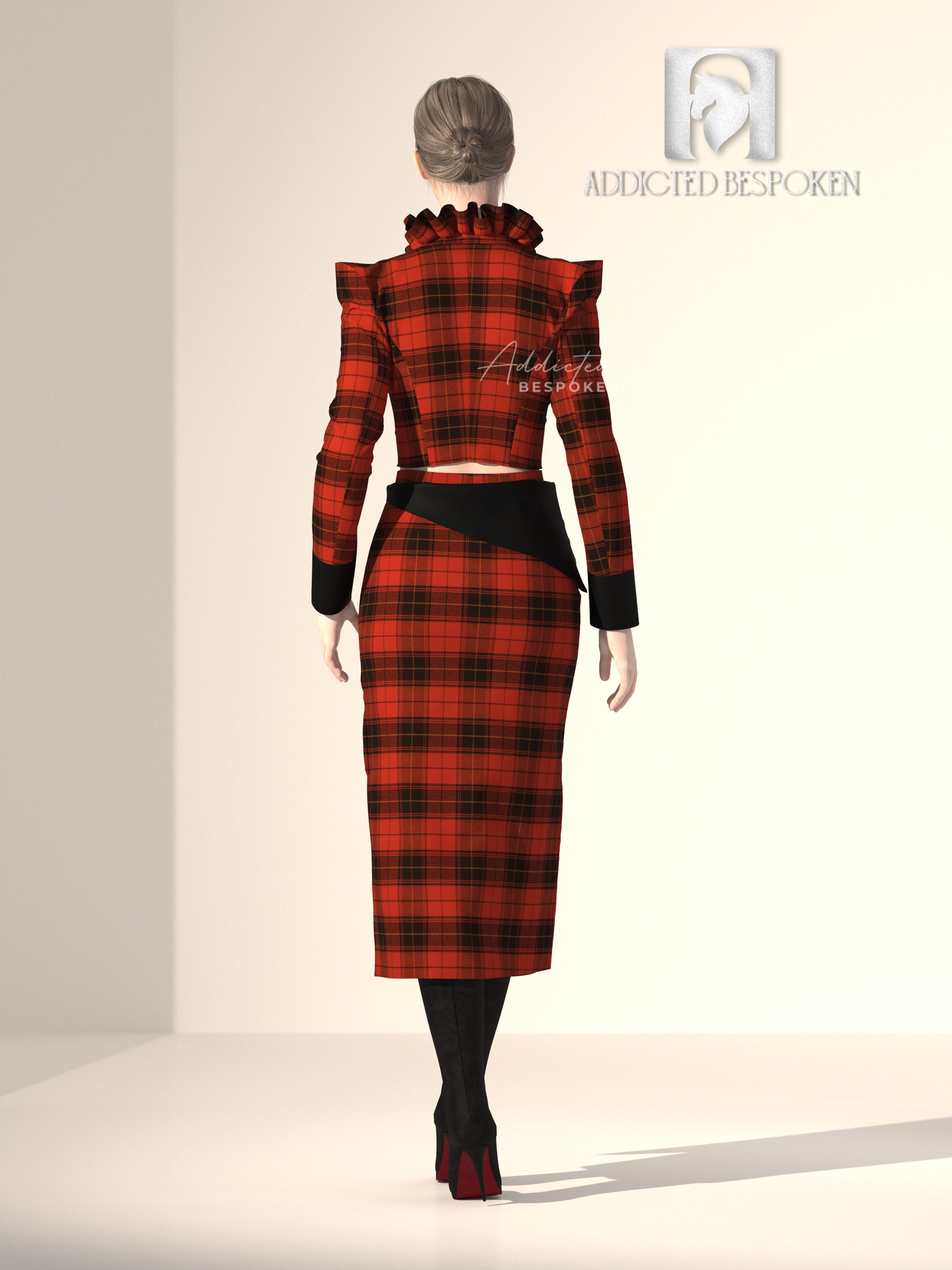 Plaid Side Slit Skirt with Stylish Cropped Jacket