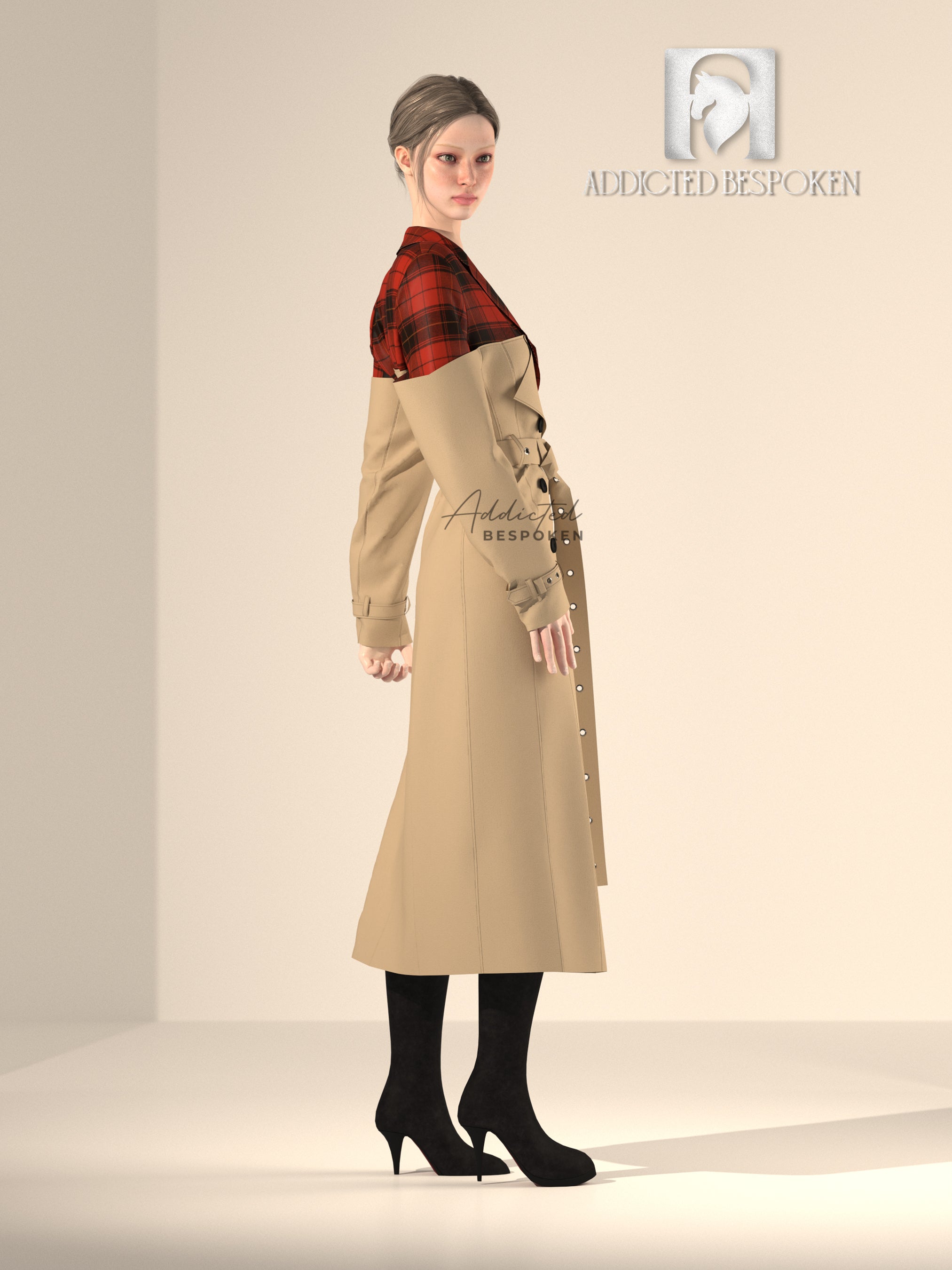 Red-Beige Overcoat with Belted Double-Breasted Closure