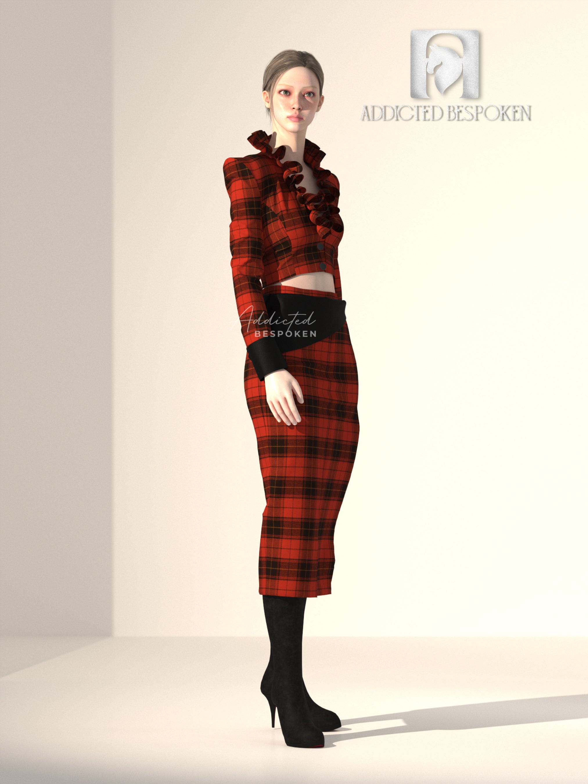 Plaid Side Slit Skirt with Stylish Cropped Jacket