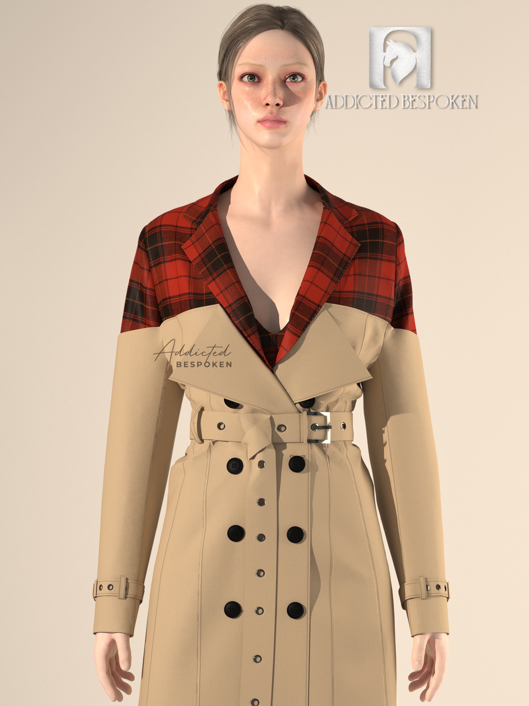 Red-Beige Overcoat with Belted Double-Breasted Closure