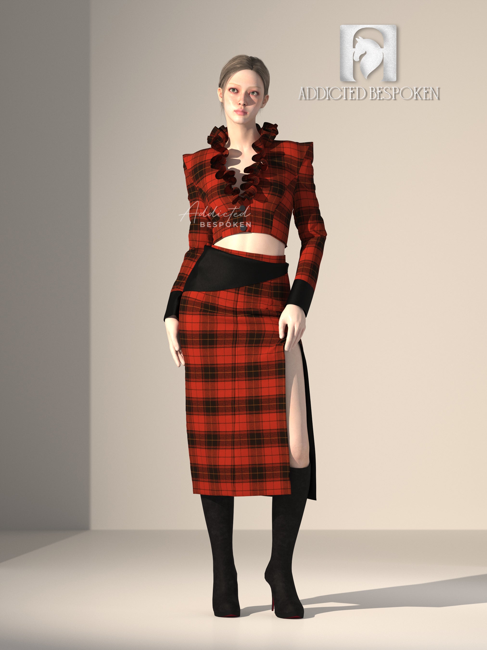 Plaid Side Slit Skirt with Stylish Cropped Jacket