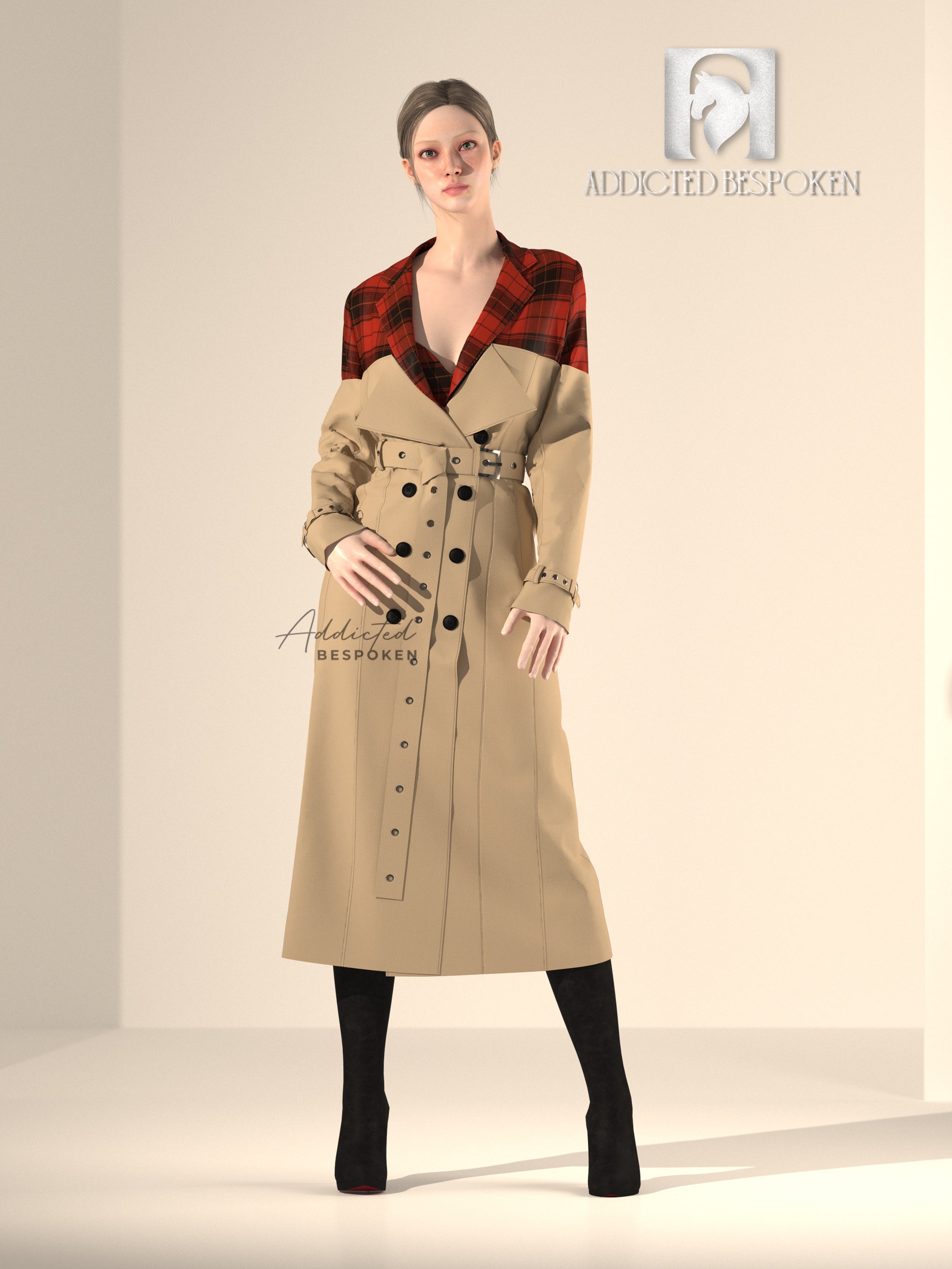 Red-Beige Overcoat with Belted Double-Breasted Closure