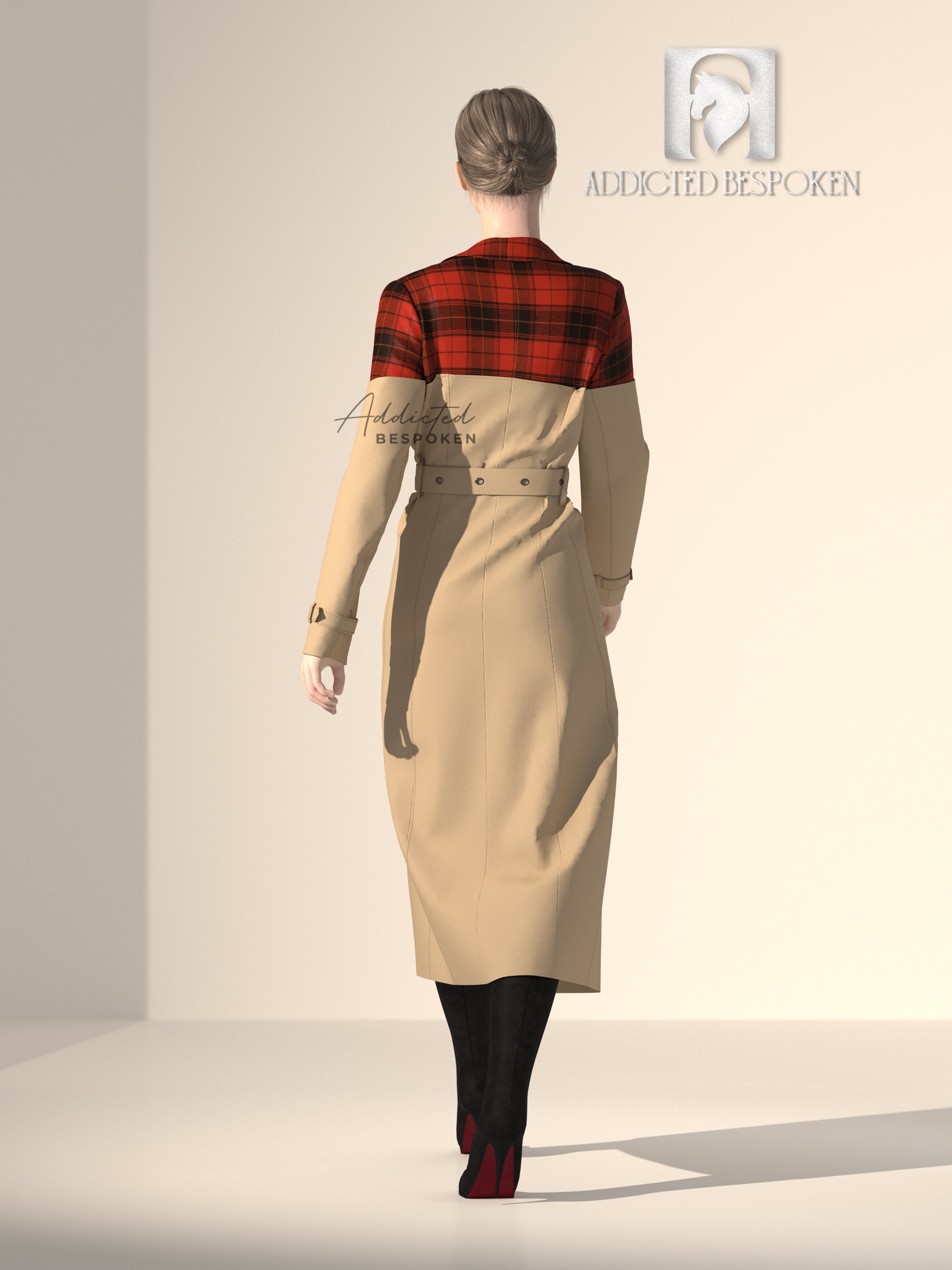 Red-Beige Overcoat with Belted Double-Breasted Closure