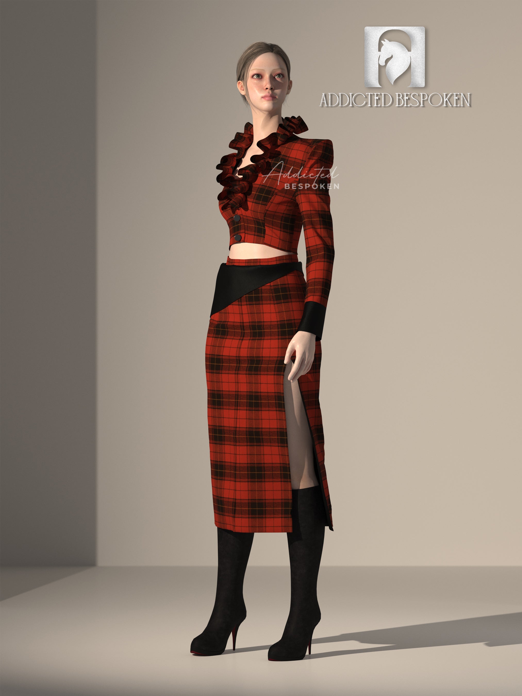 Plaid Side Slit Skirt with Stylish Cropped Jacket