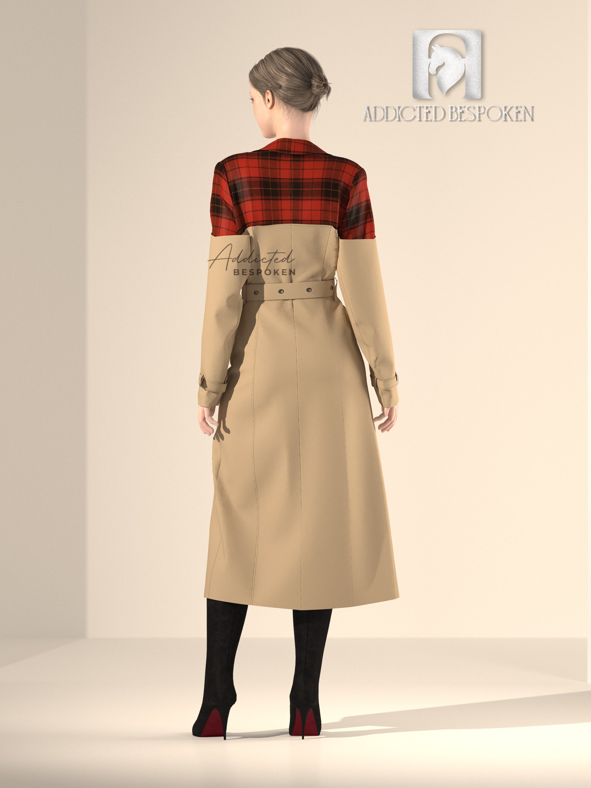 Red-Beige Overcoat with Belted Double-Breasted Closure