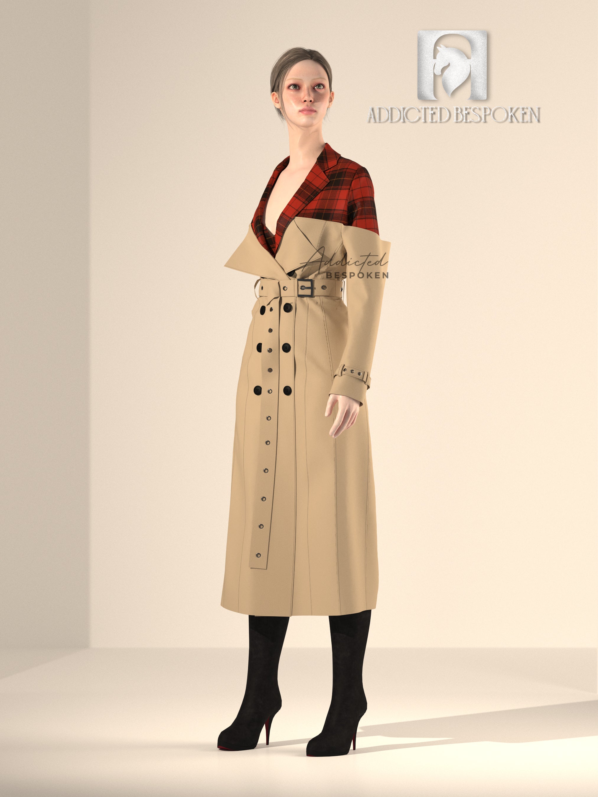 Red-Beige Overcoat with Belted Double-Breasted Closure