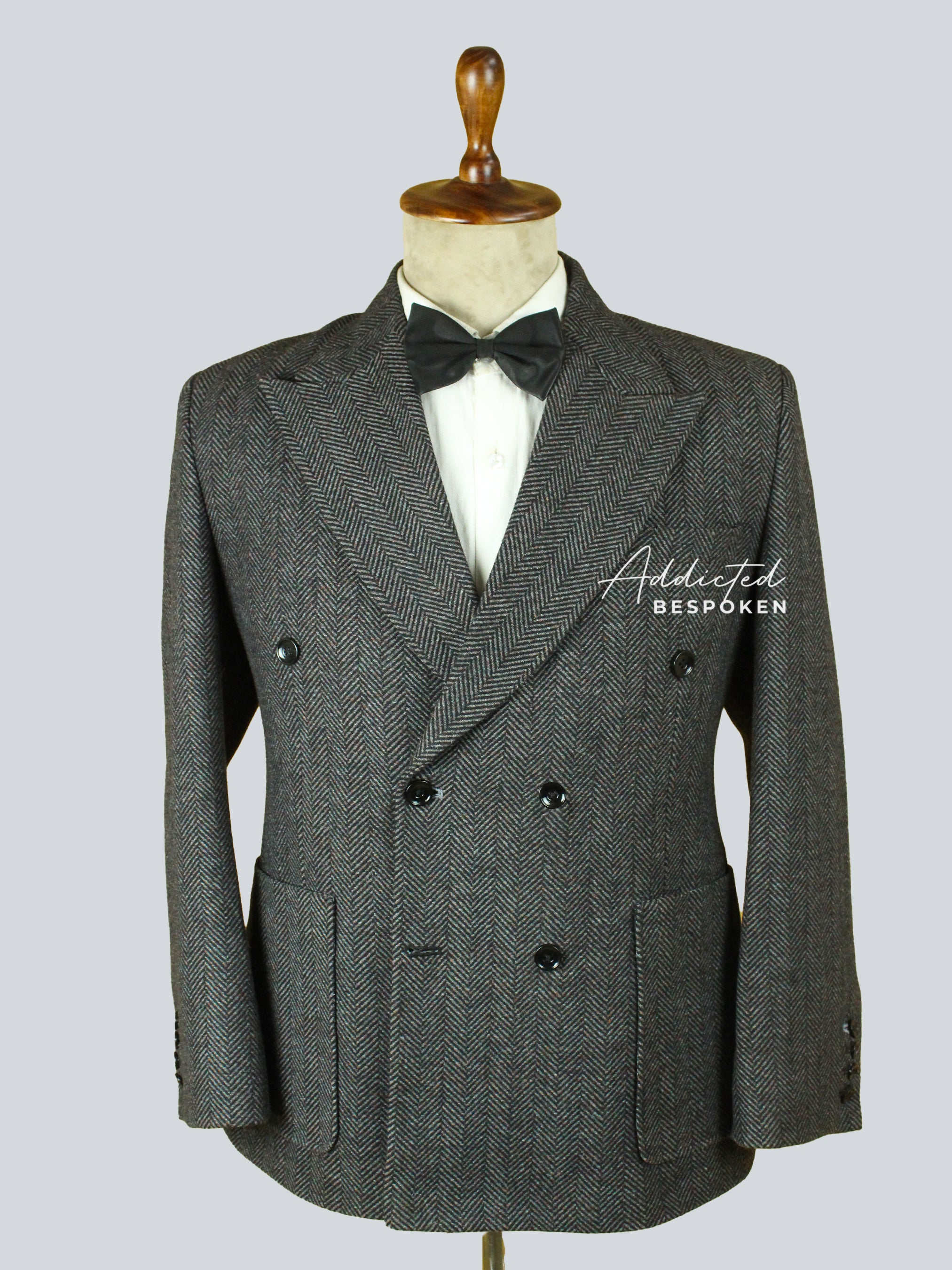 Grey Herringbone Double-Breasted Blazer