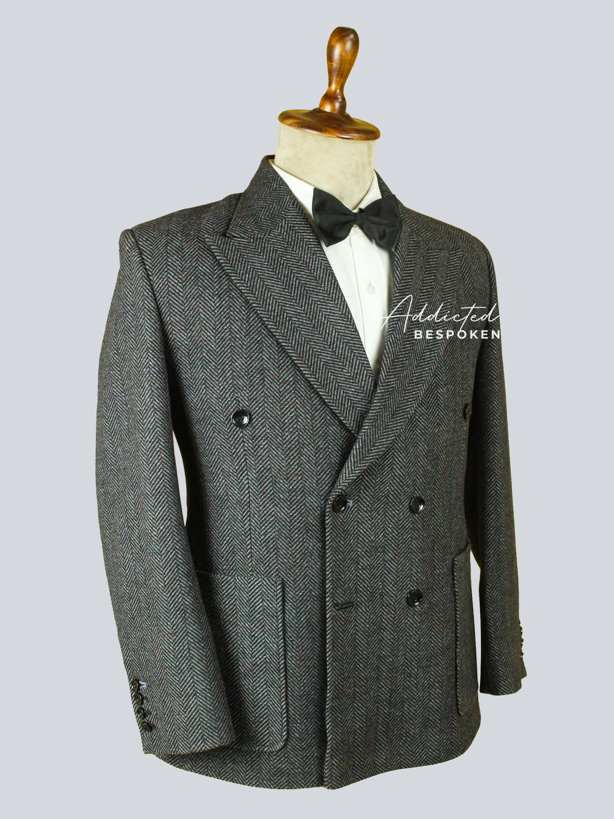 Grey Herringbone Double-Breasted Blazer