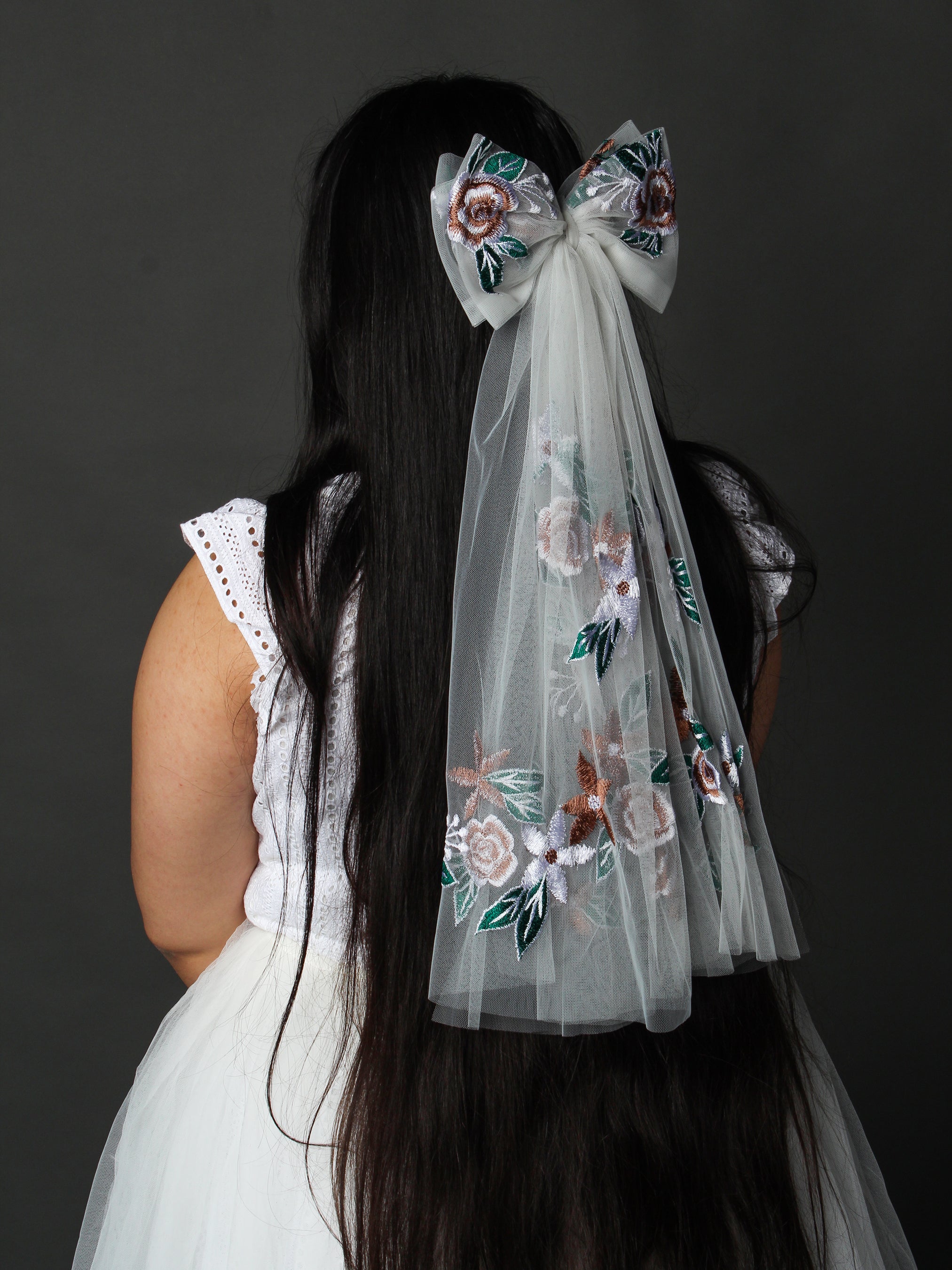 Floral Embroidered Bridal Hair Bow with Tulle Veil